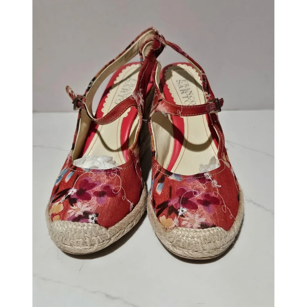 Franco Sarto Red Floral Espadrille Wedge Sandals Mary Jane Ankle Strap Heel 8.5